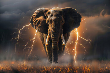An elephant is walking through a field of grass with lightning in the background - Powered by Adobe