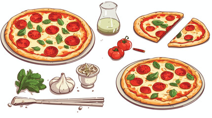Set of various types of pizza and pizza ingredients