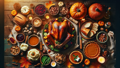 Thanksgiving Feast Flat Lay on Rustic Table