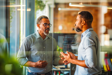 A senior manager providing guidance and support to a junior employee in a glass-walled office, their constructive conversation fostering professional growth and development.