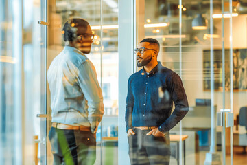 A senior manager providing guidance and support to a junior employee in a glass-walled office, their constructive conversation fostering professional growth and development.