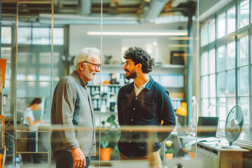 A senior manager providing guidance and support to a junior employee in a glass-walled office, their constructive conversation fostering professional growth and development.