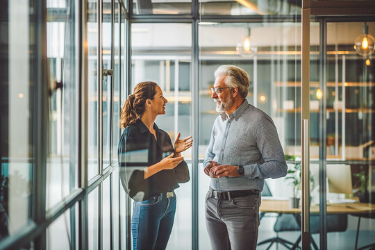 A senior manager providing guidance and support to a junior employee in a glass-walled office, their constructive conversation contributing to professional development and growth.