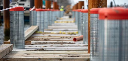 The edges of the soontobe waterfront boardwalk are marked off with metal poles and construction tape showcasing the areas future layout.
