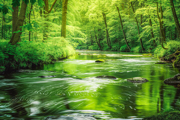 Obraz premium A tranquil river winding through a lush green forest, with sunlight dappling the water's surface and creating a sense of serenity.