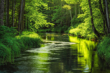 Fototapeta premium A tranquil river winding through a lush green forest, with the sunlight dappling the water's surface and creating a sense of serenity.