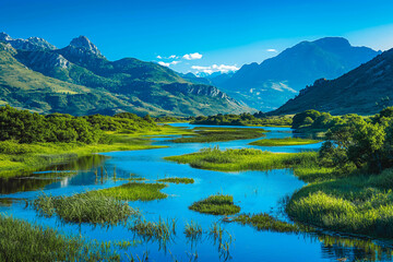 Fototapeta premium A tranquil river winding through a lush green valley, with mountains towering in the distance and a clear blue sky overhead.