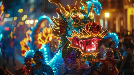 Carnival parade at night, illuminated floats and glowing costumes, energetic and joyful crowd, dazzling lights and colors, highdefinition celebration photography, Close up