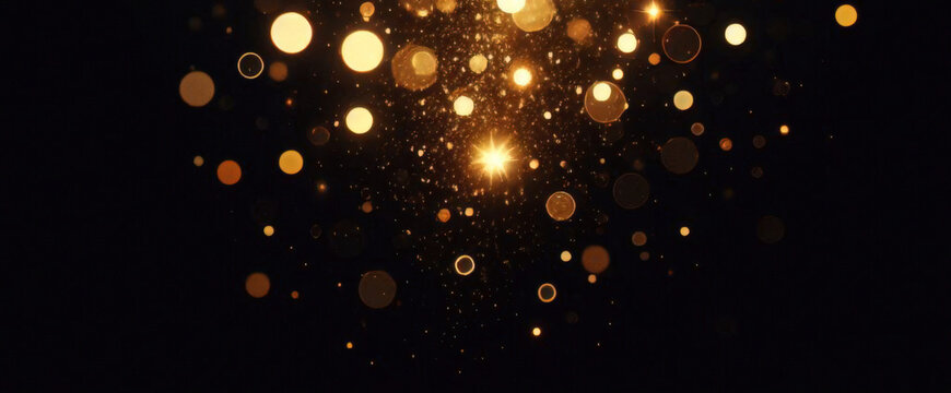 Gold funkelnde Partikel abstrakter Hintergrund. Weihnachtsgoldene Lichtglanzpartikel Bokeh auf marineblauem schwarzem Hintergrund. Urlaubskonzept. Abstrakter Hintergrund mit Goldpartikeln.