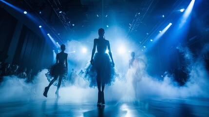 Fashion runway show with models wearing avantgarde designs, dramatic lighting, sleek and modern stage, highresolution fashion photography, Close up