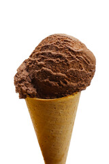 Cream ball with waffle cone on white background.