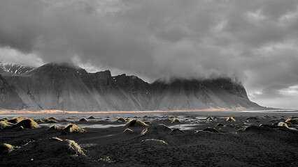 Volcanic dark sand dunes on Vestrahorn