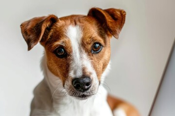 An endearing Jack Russell Terrier engrossed in work on a laptop.