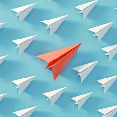 Red paper  plane and many white paper planes fly on blue sky and white clouds. Concept of freedom and leadership in paper plane symbol.