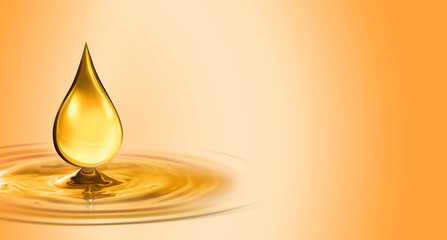 Drop of cooking oil falling into oil on orange gradient background. Banner design with space for...