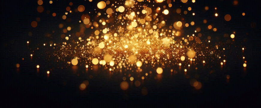 Gold funkelnde Partikel abstrakter Hintergrund. Weihnachtsgoldene Lichtglanzpartikel Bokeh auf marineblauem schwarzem Hintergrund. Urlaubskonzept. Abstrakter Hintergrund mit Goldpartikeln.