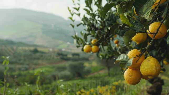 Sicilian lemons hanging from a tree in the rural landscape