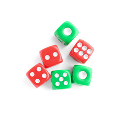 Many green and red game dices isolated on white, top view