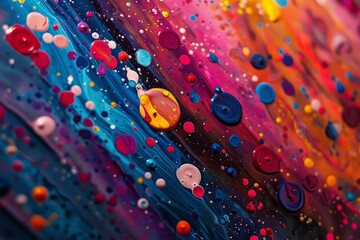 Closeup of colorful paint droplets on a shiny background, creating an abstract artistic pattern