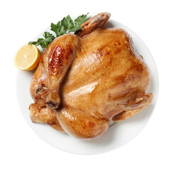 Tasty roasted chicken with parsley and lemon isolated on white, top view