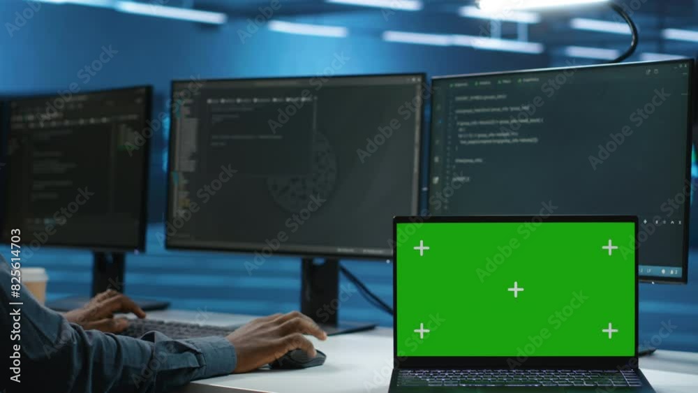 Poster expert in server hub workspace using isolated screen pc monitor to repair devices storing datasets. 