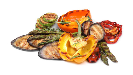 Different delicious grilled vegetables isolated on white