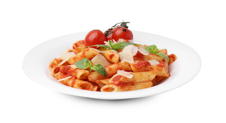 Tasty pasta with tomato sauce, cheese and basil isolated on white