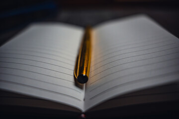 A notebook with a gold pen on the table in the candlelight