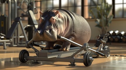 A 3D-rendered scene with a hippopotamus on a rowing machine, focusing on its technique and the special adaptations of the equipment in a gym designed for diverse animal sizes.