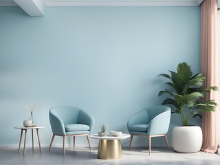 Pastel Light Interior with Sky Blue Walls & Furniture, Modern Reception or Lounge Area Design for Home, Living Room Interior Mockup, 3D Rendering


