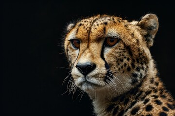 Mystic portrait of Iranian Cheetah in studio, copy space on right side Isolated on black background