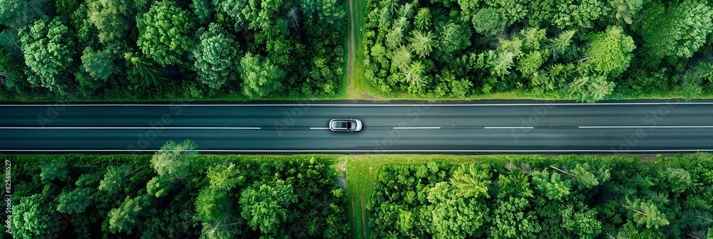Poster a single car drives down a long highway road surrounded by lush green trees in a forest. generative 