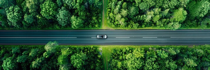 A single car drives down a long highway road surrounded by lush green trees in a forest. Generative AI