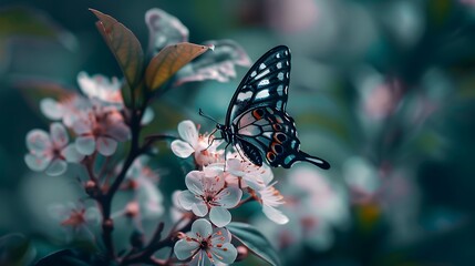 A close-up of a delicate butterfly perched on a blooming flower, its intricate wings a testament to the beauty of spring's transformation.