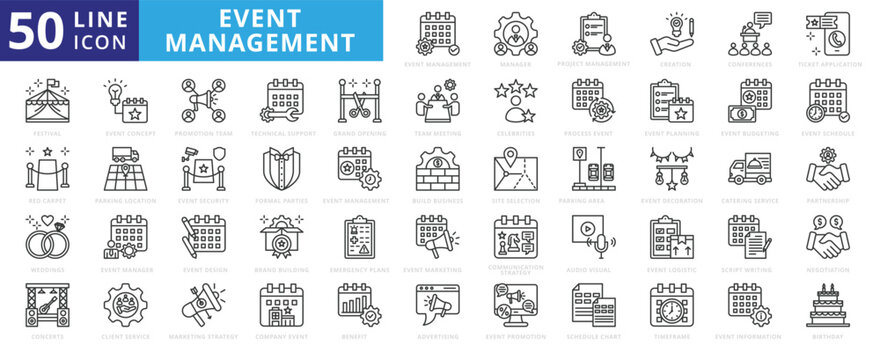 Event Management icon set with manager, project, creation, conferences, ticket application, festival and red carpet.