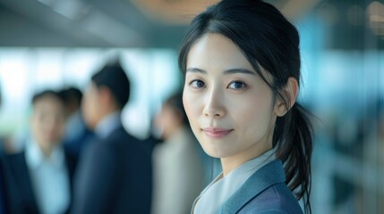 The Portrait Captures A Successful Young Asian Businesswoman At The Office, With Colleagues In The Background, Symbolizing Achievement And Progress, High Quality