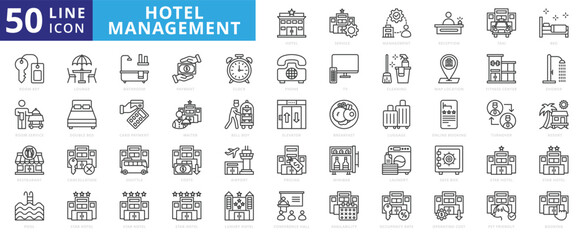 Hotel Management icon set with reception, taxi, bed, key, room service, restaurant, pool, lounge, bathroom and payment.