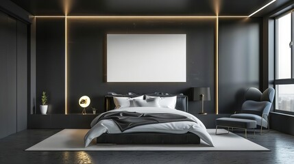 futuristic bedroom with smart home features empty canvas frame on sleek metallic wall 3d illustration