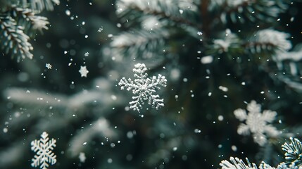 A close-up of delicate snowflakes gently falling against a blurred background of evergreen trees