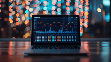 business data statistics displayed on laptop screen, economy business growth progress data analysis, sales record data stats 