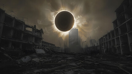 Eklipsa Słoneczna nad Postapokaliptycznym Krajobrazem: Spektakl Światła i Cienia