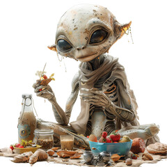 a strange alien eating food with a bowl of fruit, transparent background png
