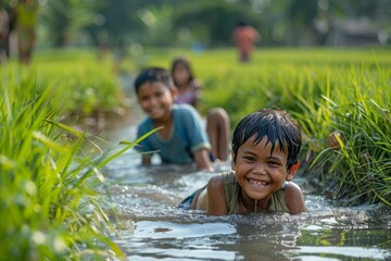 Children Playing in Irrigation Canal