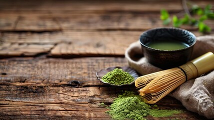 matcha green tea powder and traditional bamboo whisk on rustic wooden background