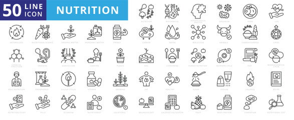 Nutrition icon set with biochemical, physiological process, organism, food, life, metabolized, and chemical structure.