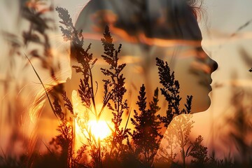 Double exposure of a woman's silhouette with sunset in a field, creating a dreamy and introspective scene blending nature and human form.