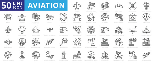 Aviation icons set with mechanical flight, aircraft industry, fixed, rotary wings, hot air balloons, airships, and jets.
