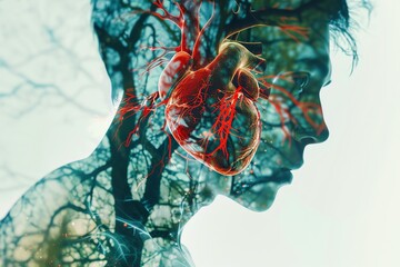 Double exposure of human profile silhouette with anatomical heart and tree branches, symbolizing the connection between nature and humanity.