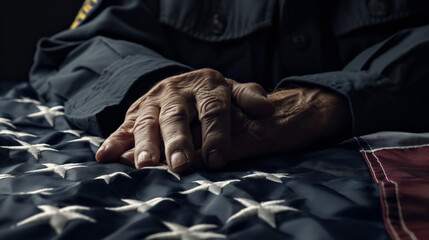 Fototapeta premium a veteran's hand is holding an american flag.