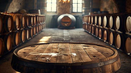 a cellar filled with barrels of wine with an empty wooden table, authentic  